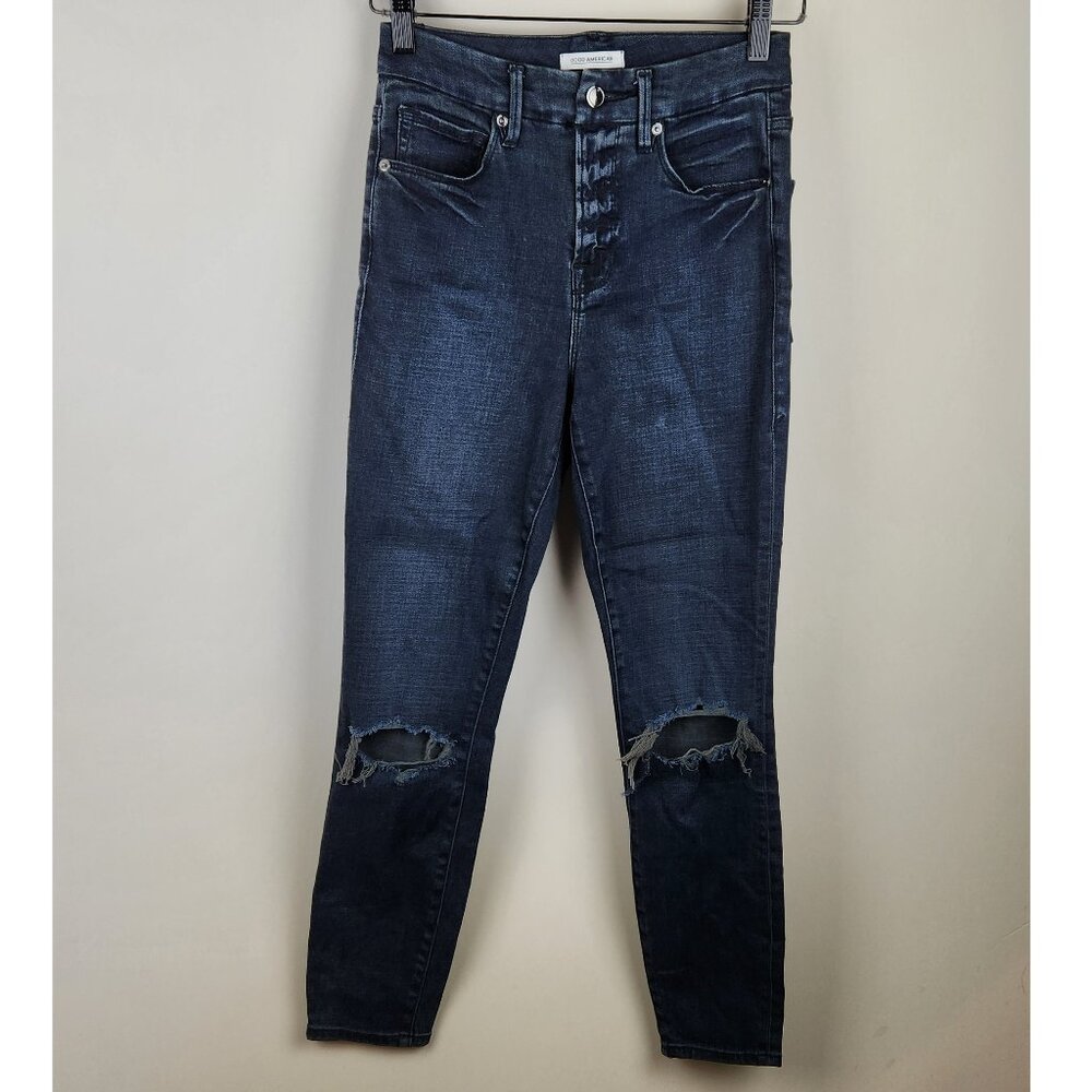 Good American Good Waist Crop Skinny Jeans Distressed Ripped Knees sz 2/26